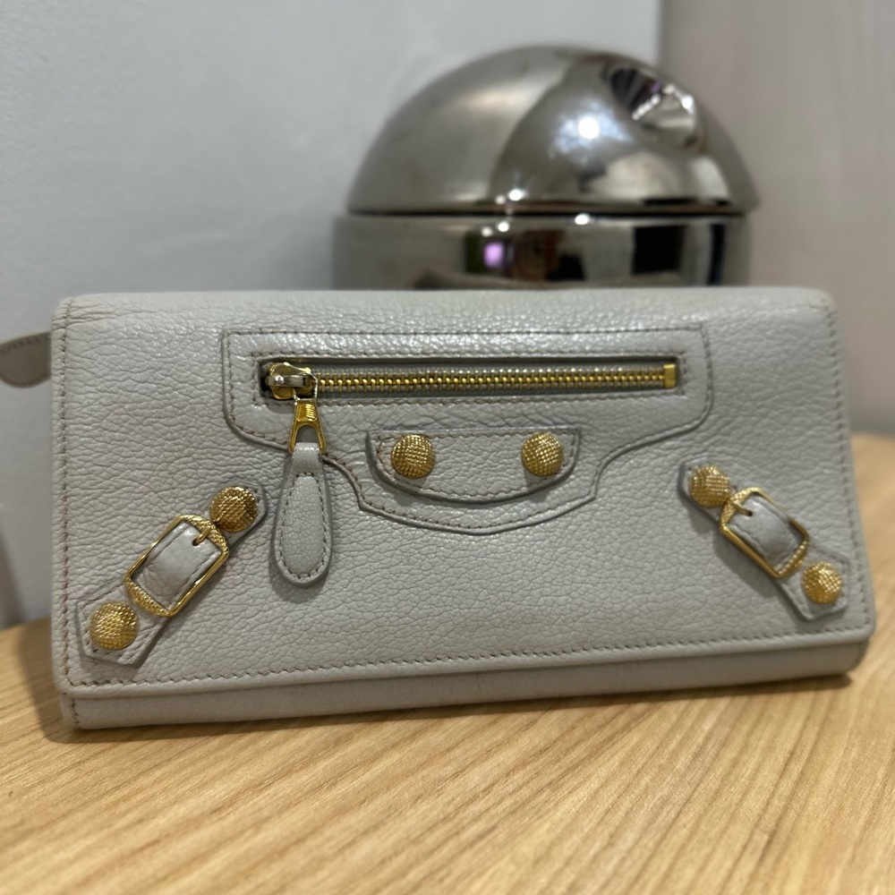 Balenciaga Light Gray Wallet with Gold Details